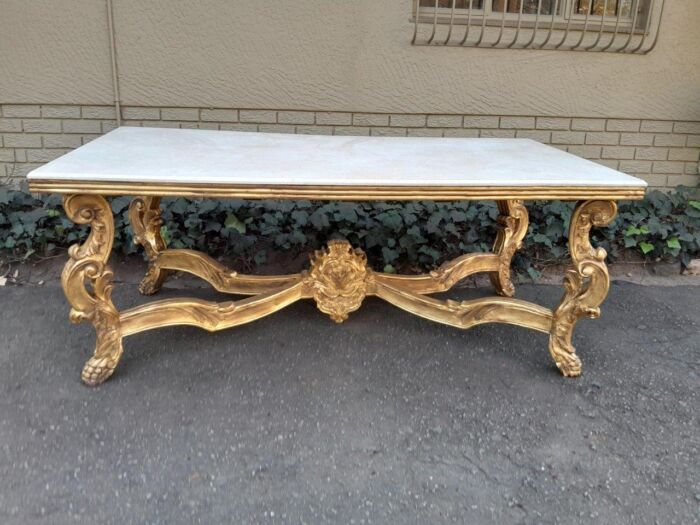 A 20TH Century Ornately Carved & Hand-Gilded Console/Entrance/Dining/Drinks Table with Cream Marble Top - Image 2