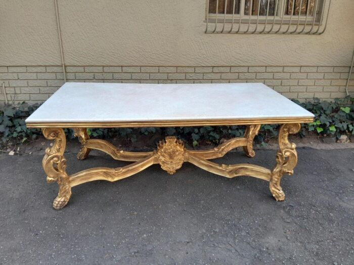 A 20TH Century Ornately Carved & Hand-Gilded Console/Entrance/Dining/Drinks Table with Cream Marble Top - Image 4