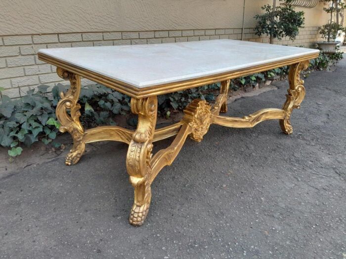 A 20TH Century Ornately Carved & Hand-Gilded Console/Entrance/Dining/Drinks Table with Cream Marble Top - Image 6