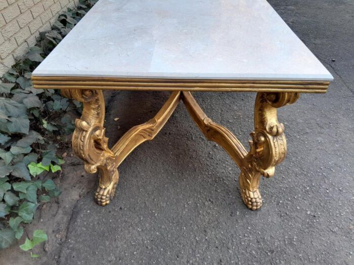 A 20TH Century Ornately Carved & Hand-Gilded Console/Entrance/Dining/Drinks Table with Cream Marble Top - Image 7