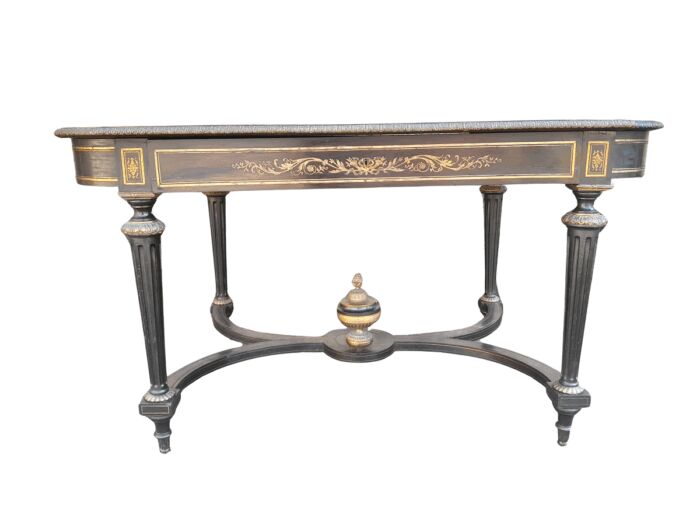A 19th Century French Ebonised and Brass inlay and Metal Mounted Table with Drawer