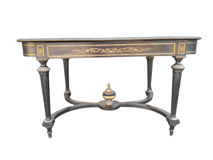 A 19th Century French Ebonised and Brass inlay and Metal Mounted Table with Drawer