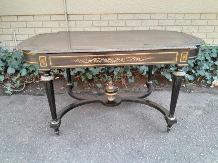 A 19th Century French Ebonised and Brass inlay and Metal Mounted Table with Drawer - Image 2