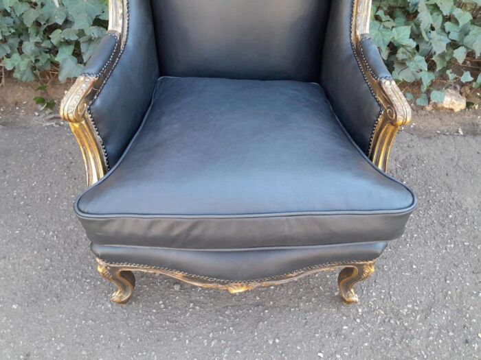 A Circa 1900s French Style Pair Of Carved Giltwood Wingback Chairs Upholstered In Leather - Image 8