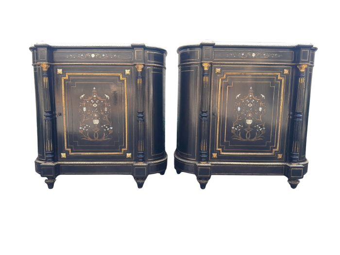 A 19th Century Pair of Napoleon III French Inlaid, Ebonised, Ormolu and Marble Cabinets With Marble Tops with locks and Keys ND