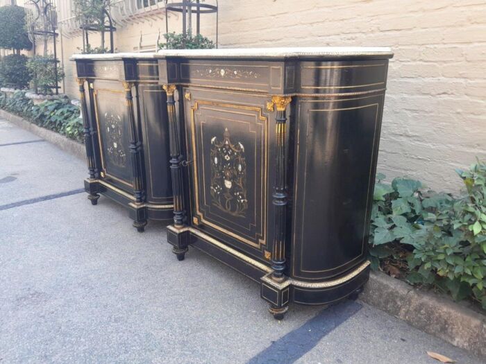 A 19th Century Pair of Napoleon III French Inlaid, Ebonised, Ormolu and Marble Cabinets With Marble Tops with locks and Keys ND - Image 4