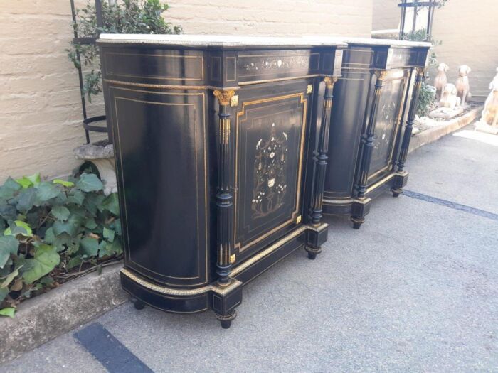 A 19th Century Pair of Napoleon III French Inlaid, Ebonised, Ormolu and Marble Cabinets With Marble Tops with locks and Keys ND - Image 5
