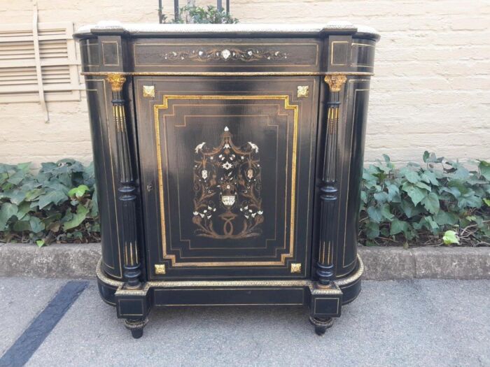 A 19th Century Pair of Napoleon III French Inlaid, Ebonised, Ormolu and Marble Cabinets With Marble Tops with locks and Keys ND - Image 6