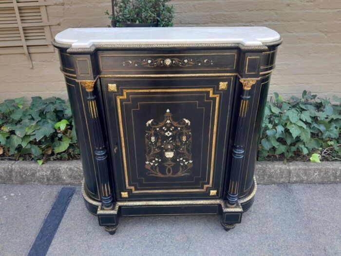 A 19th Century Pair of Napoleon III French Inlaid, Ebonised, Ormolu and Marble Cabinets With Marble Tops with locks and Keys ND - Image 7
