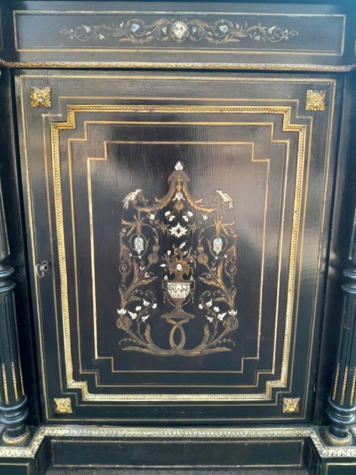 A 19th Century Pair of Napoleon III French Inlaid, Ebonised, Ormolu and Marble Cabinets With Marble Tops with locks and Keys ND - Image 12