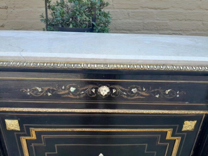 A 19th Century Pair of Napoleon III French Inlaid, Ebonised, Ormolu and Marble Cabinets With Marble Tops with locks and Keys ND - Image 13