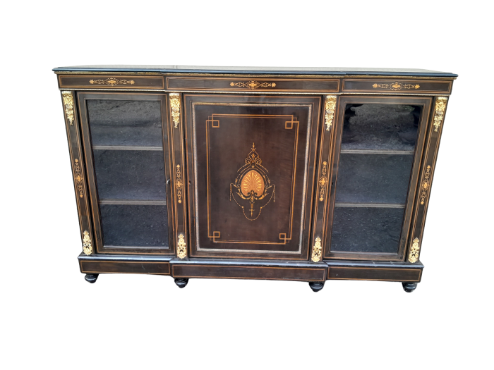 A 19th Century Napoleon III French Walnut Inlaid, Ebonised and Ormolu Credenza / Sideboard / Cabinet with Glazed Doors ND