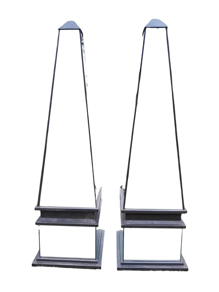 A Pair of Designer Mirror and Antique Coloured Iron Obelisks, Custom-made for The Crown Collection 