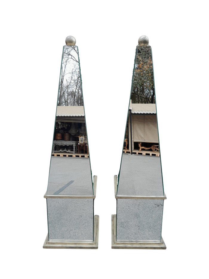 A Pair of Designer Mirror and Antique Gold Coloured Iron Ball and Detail Obelisks, Custom-made for The Crown Collection 