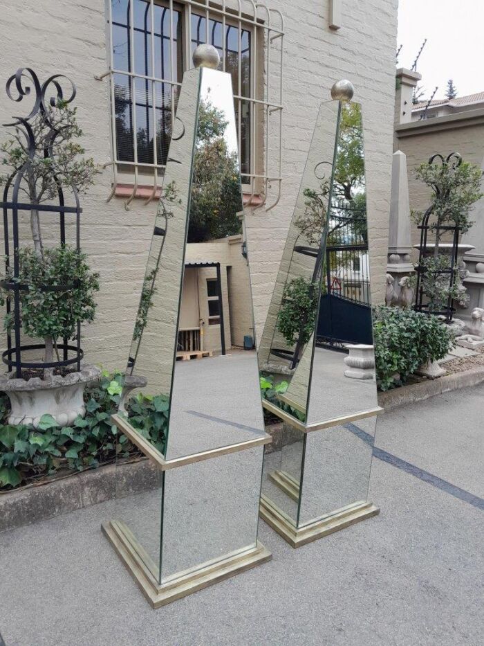 A Pair of Designer Mirror and Antique Gold Coloured Iron Ball and Detail Obelisks, Custom-made for The Crown Collection  - Image 3
