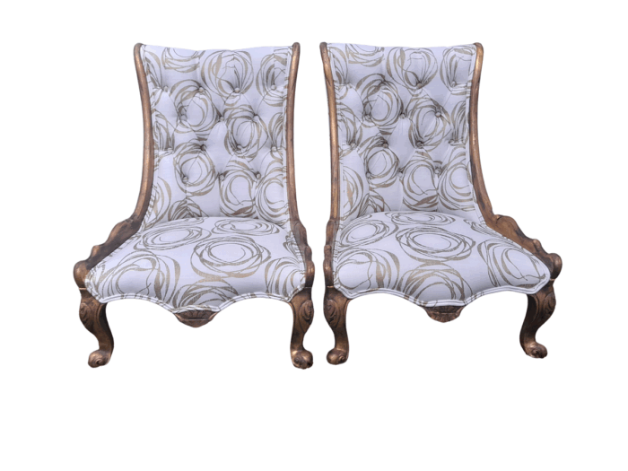 A 20th Century Pair of French Style Gilded Slipper Chairs Upholstered in a Custom Made Fabric