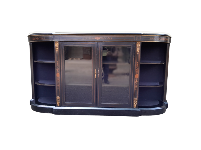 An Antique Victorian French Style Ebonised and Inlay Walnut Credenza/Display Cabinet with Brass Hardware and Glazed Doors