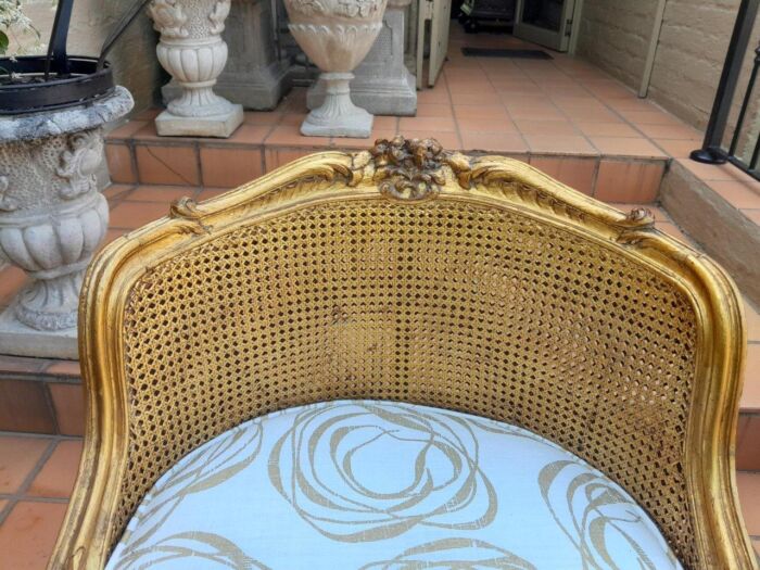 A 20th Century French Style Giltwood Rattan Chair Upholstered In Hand Printed Gold Design Fabric  - Image 5