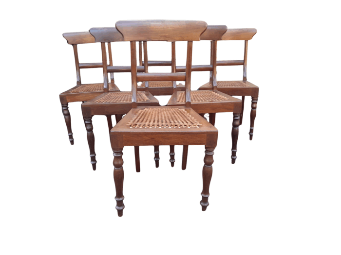 An Antique Set Of Six Cape Stinkwood Regency Chairs With Rattan Seats