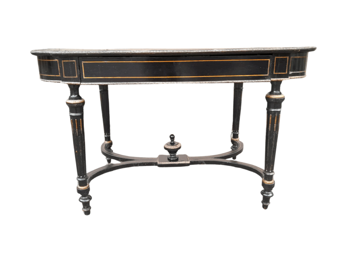 An Antique Victorian Ebonised and with Brass and Mother of Pearl Inlay Table with Drawer
