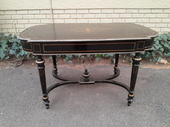An Antique Victorian Ebonised and with Brass and Mother of Pearl Inlay Table with Drawer - Image 2