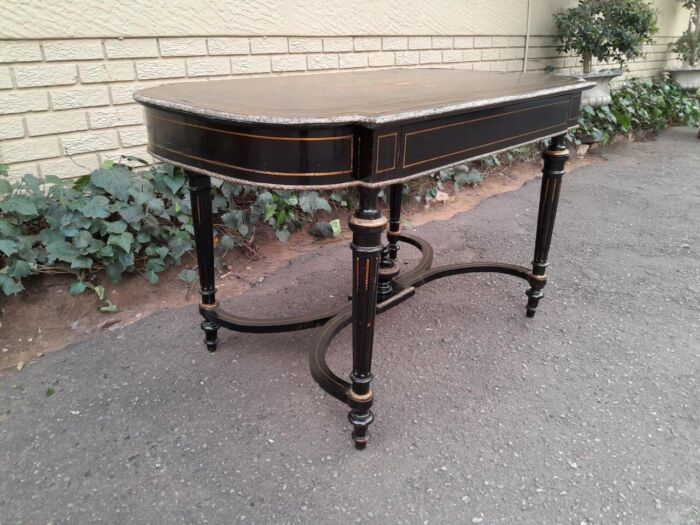 An Antique Victorian Ebonised and with Brass and Mother of Pearl Inlay Table with Drawer - Image 4