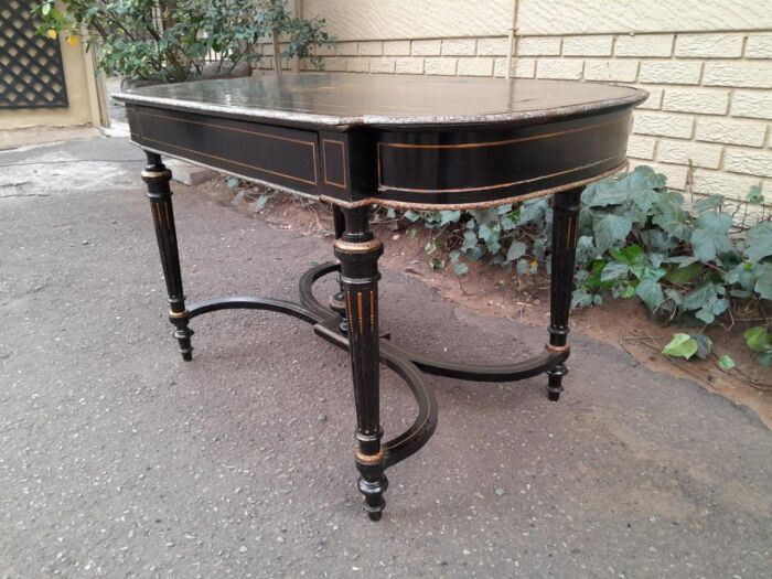 An Antique Victorian Ebonised and with Brass and Mother of Pearl Inlay Table with Drawer - Image 5