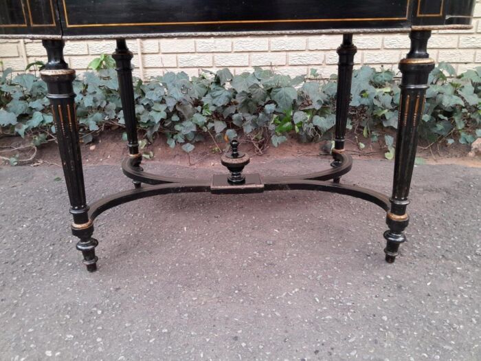 An Antique Victorian Ebonised and with Brass and Mother of Pearl Inlay Table with Drawer - Image 6