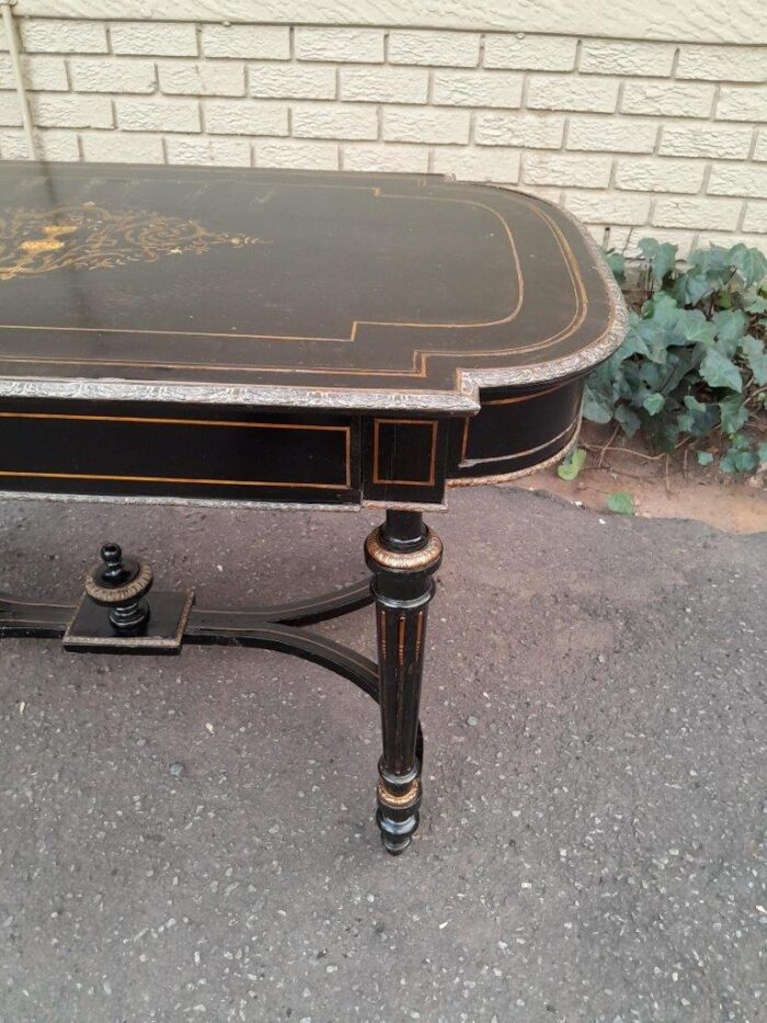 An Antique Victorian Ebonised and with Brass and Mother of Pearl Inlay Table with Drawer - Image 7