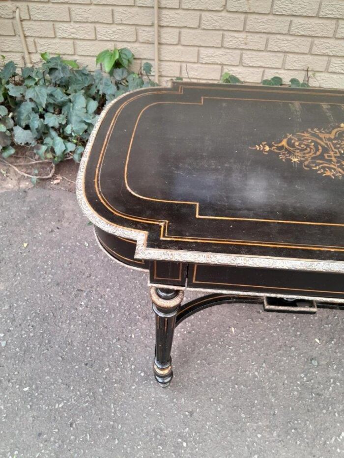 An Antique Victorian Ebonised and with Brass and Mother of Pearl Inlay Table with Drawer - Image 8