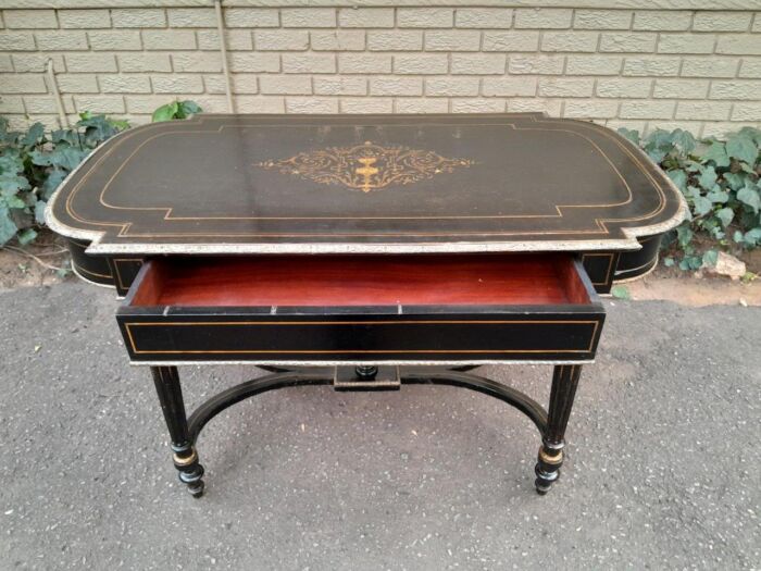 An Antique Victorian Ebonised and with Brass and Mother of Pearl Inlay Table with Drawer - Image 9