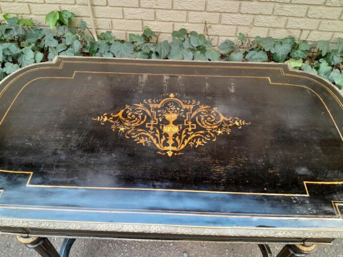 An Antique Victorian Ebonised and with Brass and Mother of Pearl Inlay Table with Drawer - Image 10