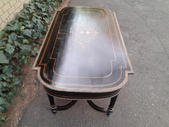 An Antique Victorian Ebonised and with Brass and Mother of Pearl Inlay Table with Drawer - Image 11