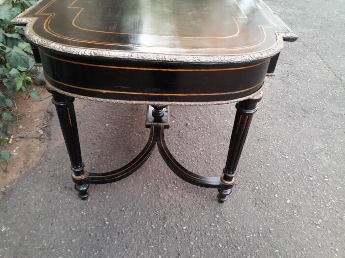 An Antique Victorian Ebonised and with Brass and Mother of Pearl Inlay Table with Drawer - Image 12
