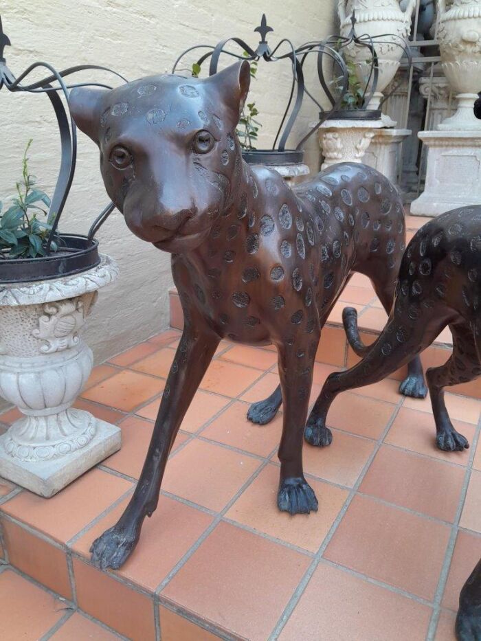 A Rare Pair Of Bronze Cheetah In Figurines Pair In A Patinated Finish ND - Image 4