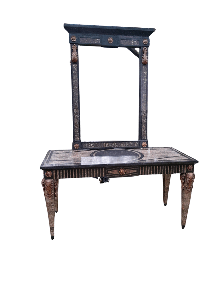 A 20TH Set of Century Maitland Smith Console Table and Mirror with Inlaid Stone Design