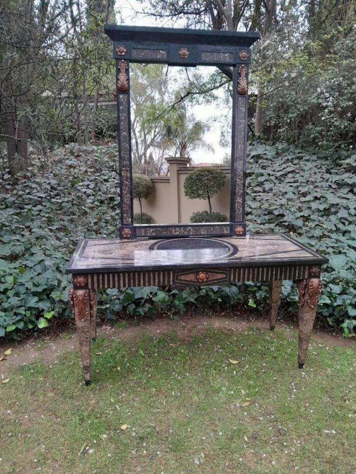 A 20TH Set of Century Maitland Smith Console Table and Mirror with Inlaid Stone Design - Image 2