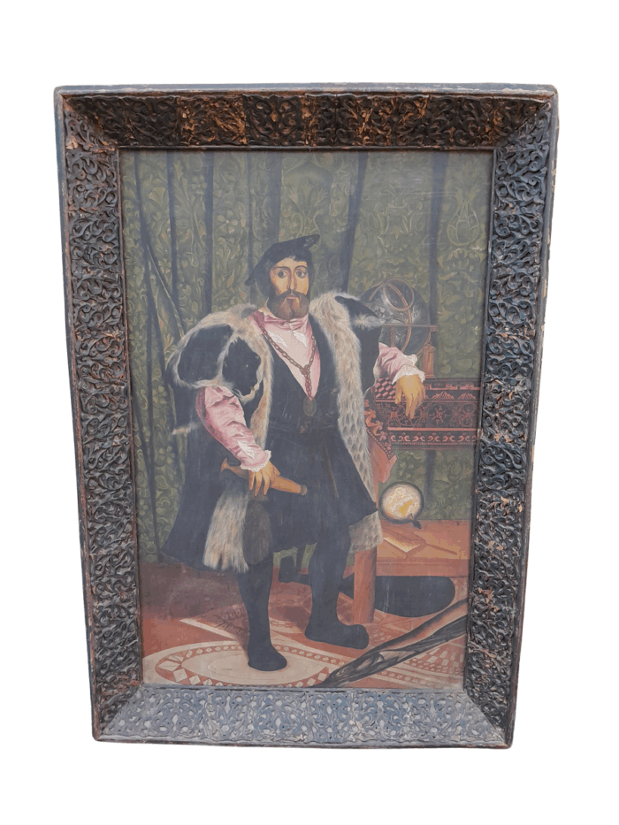 A 20th Century Painting of a Tudor Man in an Ornately Carved Wooden Frame of Large Proportion