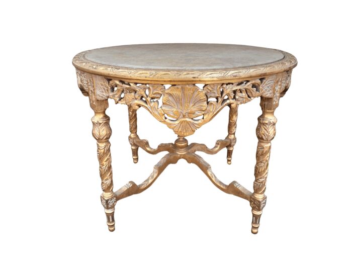 A French Style Ornately Carved and Gilded Wooden Table with Marble Top
