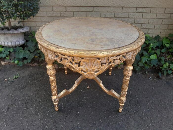 A French Style Ornately Carved and Gilded Wooden Table with Marble Top - Image 2