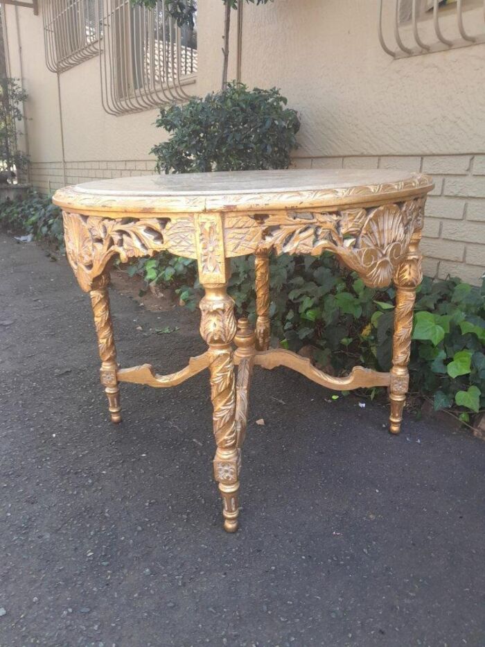 A French Style Ornately Carved and Gilded Wooden Table with Marble Top - Image 4