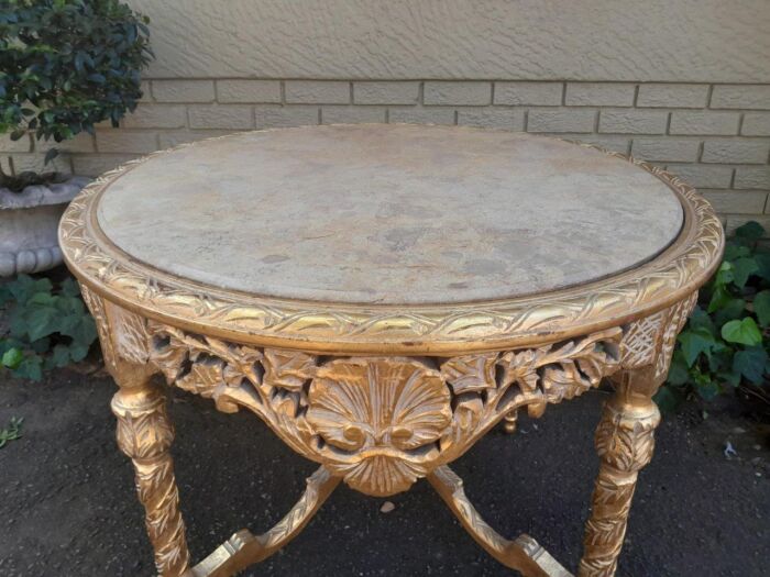 A French Style Ornately Carved and Gilded Wooden Table with Marble Top - Image 6