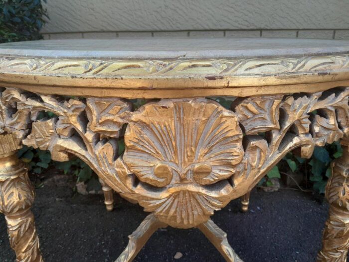 A French Style Ornately Carved and Gilded Wooden Table with Marble Top - Image 7