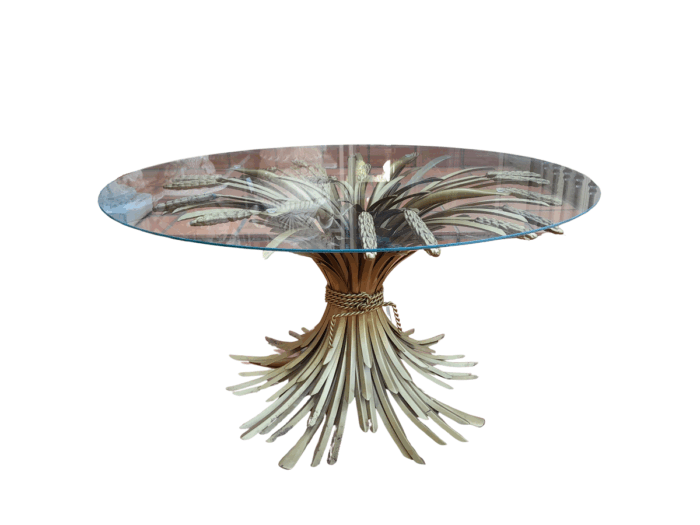 A 20th Century Rare Sculptured Iron Table Base in an Antique Gold Finish with Bevelled Glass Top (This table appears in Coco Chanels Paris Apartment)