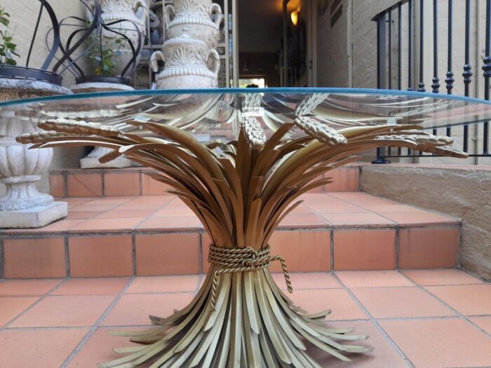 A 20th Century Rare Sculptured Iron Table Base in an Antique Gold Finish with Bevelled Glass Top (This table appears in Coco Chanels Paris Apartment) - Image 6