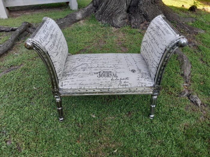 A French Style Window Bench / Seat In Silver Gilt And Upholstered In Ticking / Pinstripe Fabric - Image 2