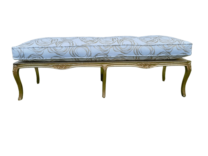 A 20th Century French Style Carved And Gilded Rattan Ottoman /  Bench With Seat Cushion In Hand Made Fabric