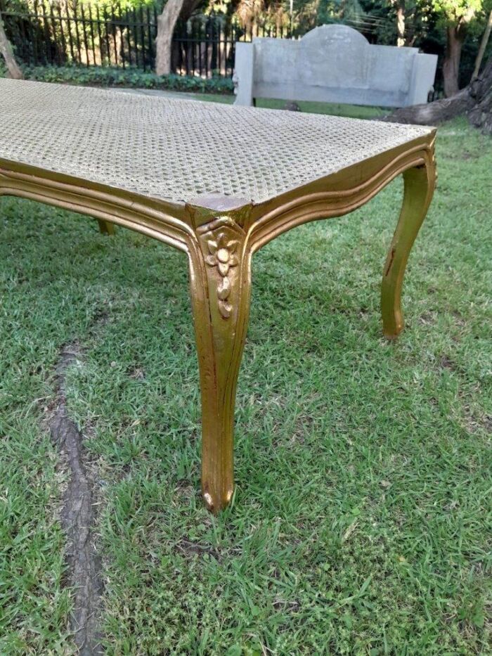 A 20th Century French Style Carved And Gilded Rattan Ottoman /  Bench With Seat Cushion In Hand Made Fabric - Image 6