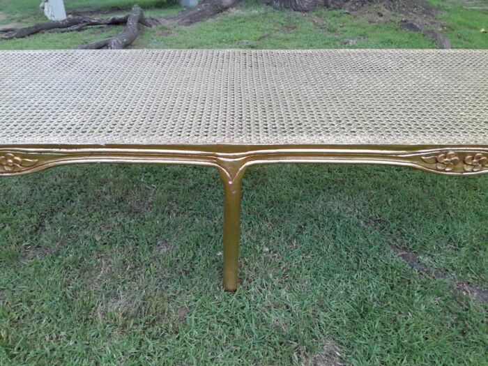 A 20th Century French Style Carved And Gilded Rattan Ottoman /  Bench With Seat Cushion In Hand Made Fabric - Image 7