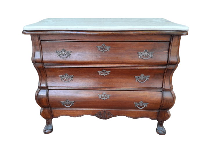 A 19th Century French Provincial Louis XVI-style Oakwood Bombe Chest of Drawers with Galala Cream Marble Top